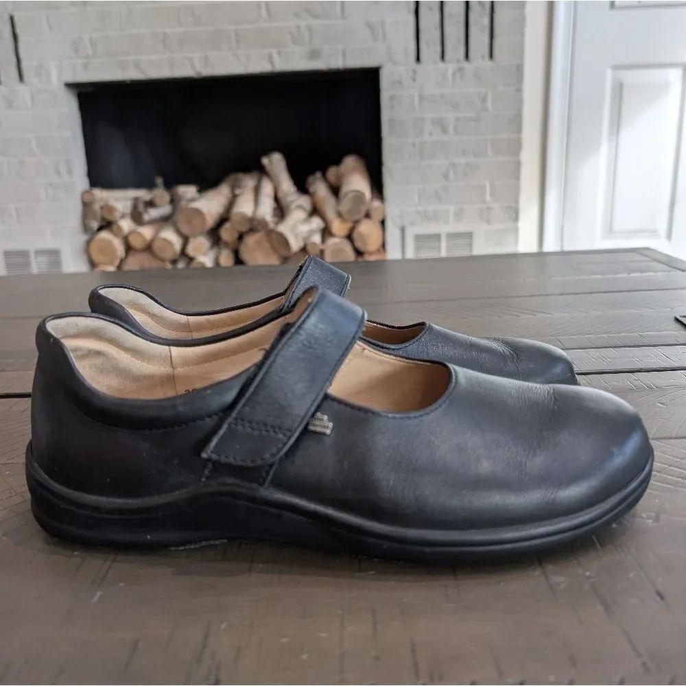 Finn Comfort Beja Black Leather Soft Footbed Mary Jane Shoes Sz 38